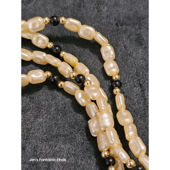 Opera Length Faux Freshwater Pearl Necklace With Black & Gold Accents 32" - Picture 3 of 9